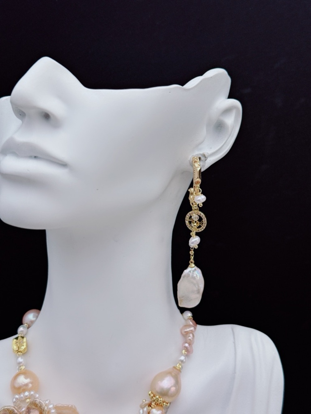 26E299 Handmade Freshwater Baroque Pearl Dangling Earrings Flower Petal Pearl - Picture 5 of 10